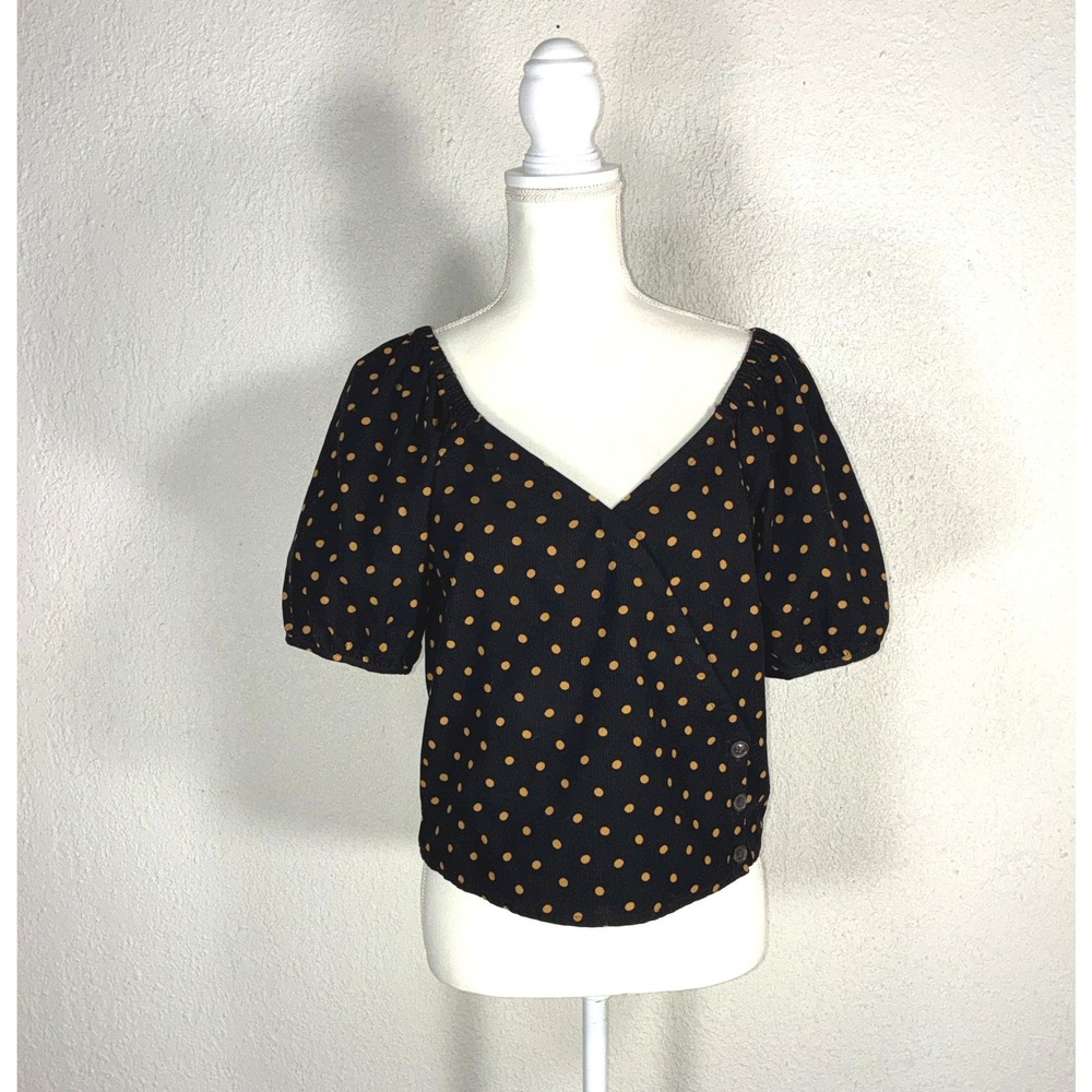Madewell Polka Dot Corduroy Puff Sleeve Wrap Top Black Tan XS G7835